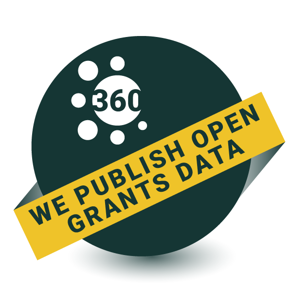 Logo of 360Giving with banner saying we publish open grants data